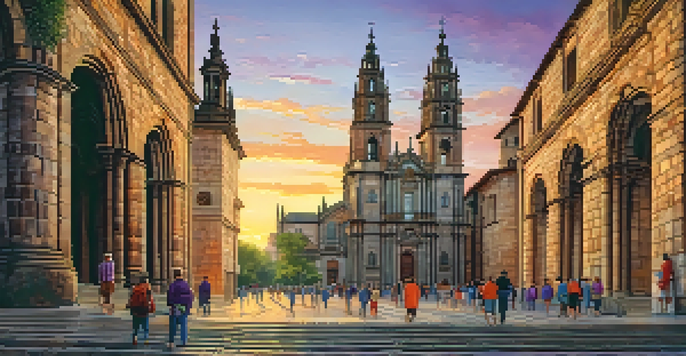 A panoramic view of the Cathedral of Santiago de Compostela at sunset, with pilgrims walking on a cobblestone path.