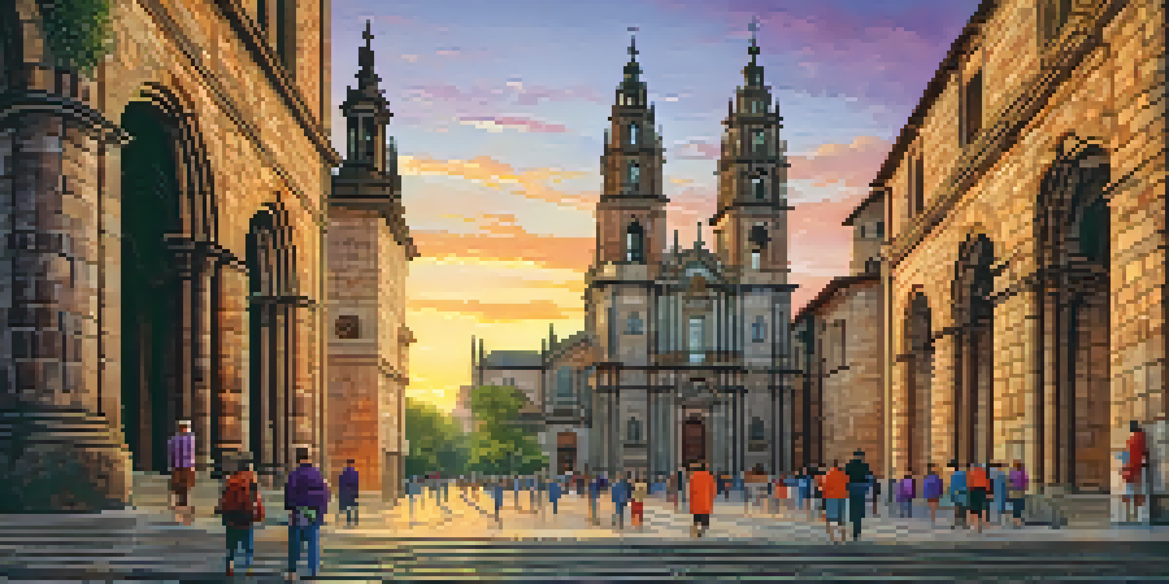 A panoramic view of the Cathedral of Santiago de Compostela at sunset, with pilgrims walking on a cobblestone path.