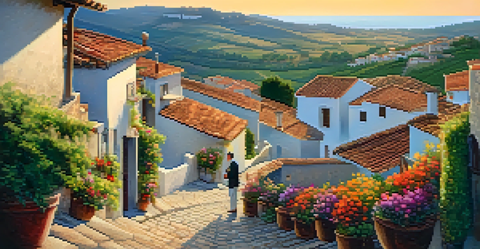 A charming Spanish village during sunset with cobblestone streets and vibrant flowers, where a local resident sips wine on a terrace overlooking rolling hills.