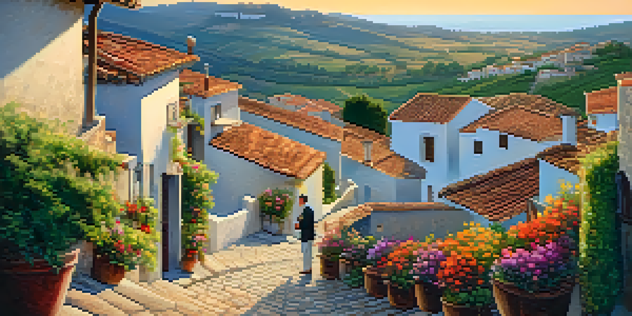 A charming Spanish village during sunset with cobblestone streets and vibrant flowers, where a local resident sips wine on a terrace overlooking rolling hills.