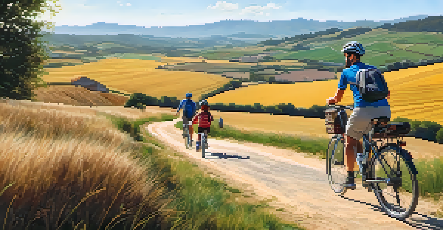 A family biking on the Camino de Santiago, surrounded by scenic countryside and distant mountains.