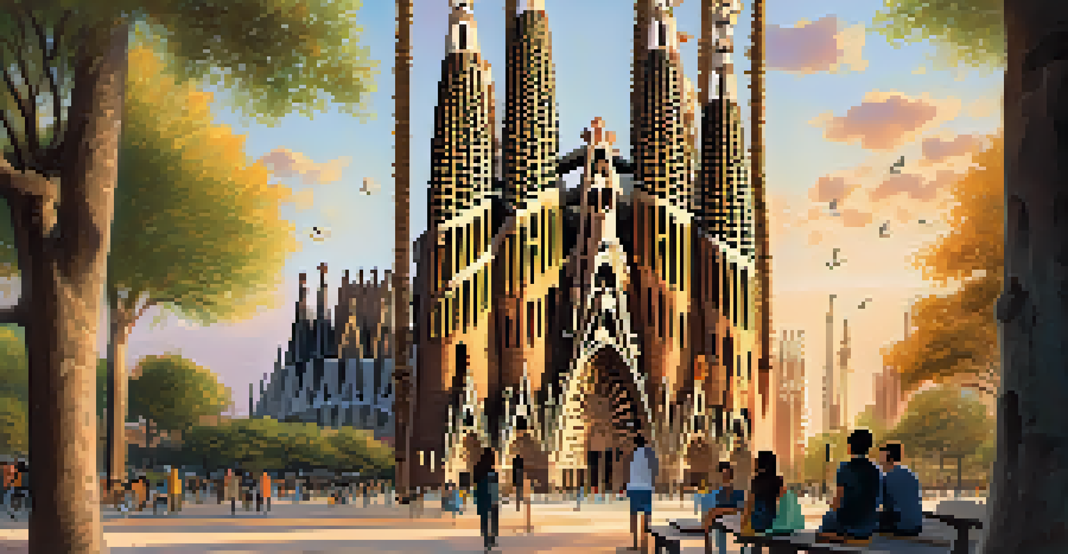 Sunset view of the Sagrada Familia in Barcelona, showcasing its intricate architecture with writers sketching nearby in a lively park.