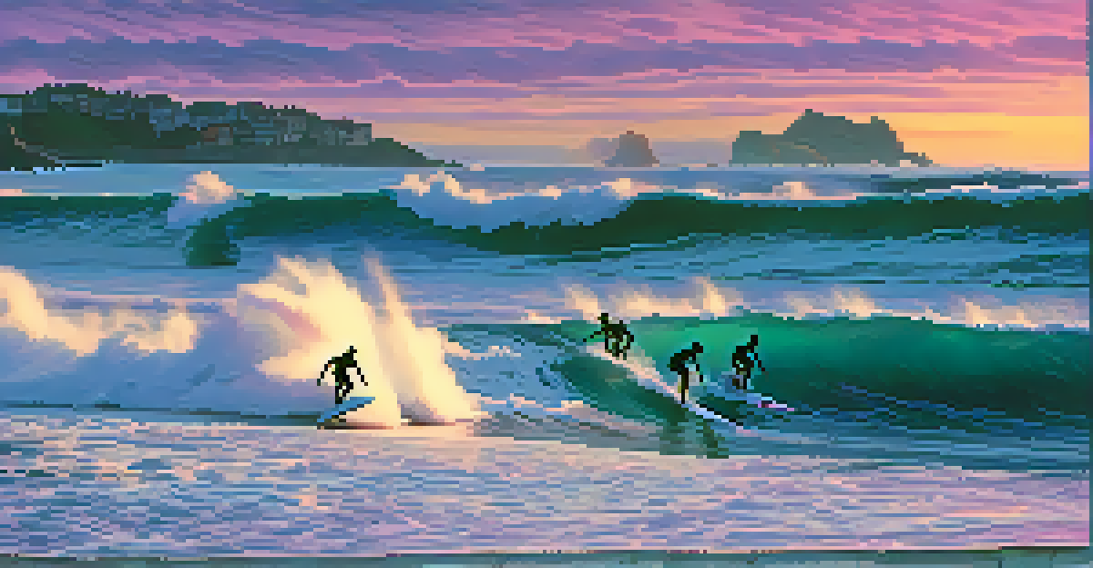 Surfers catching waves at Mundaka beach during sunset, with a colorful sky and ocean.