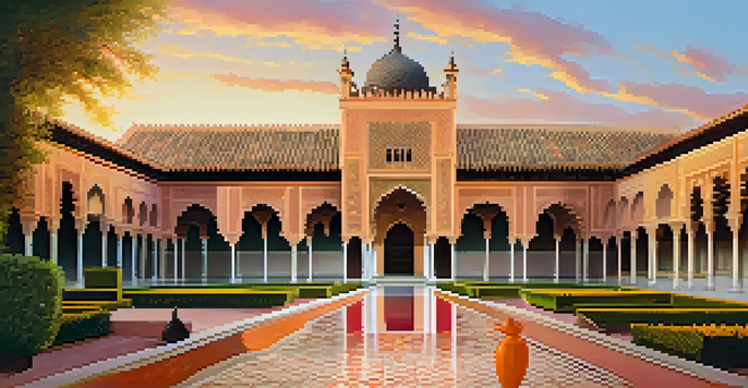 The Alcazar of Seville illuminated by a sunset, surrounded by lush gardens and fountains, showcasing its intricate architectural details.