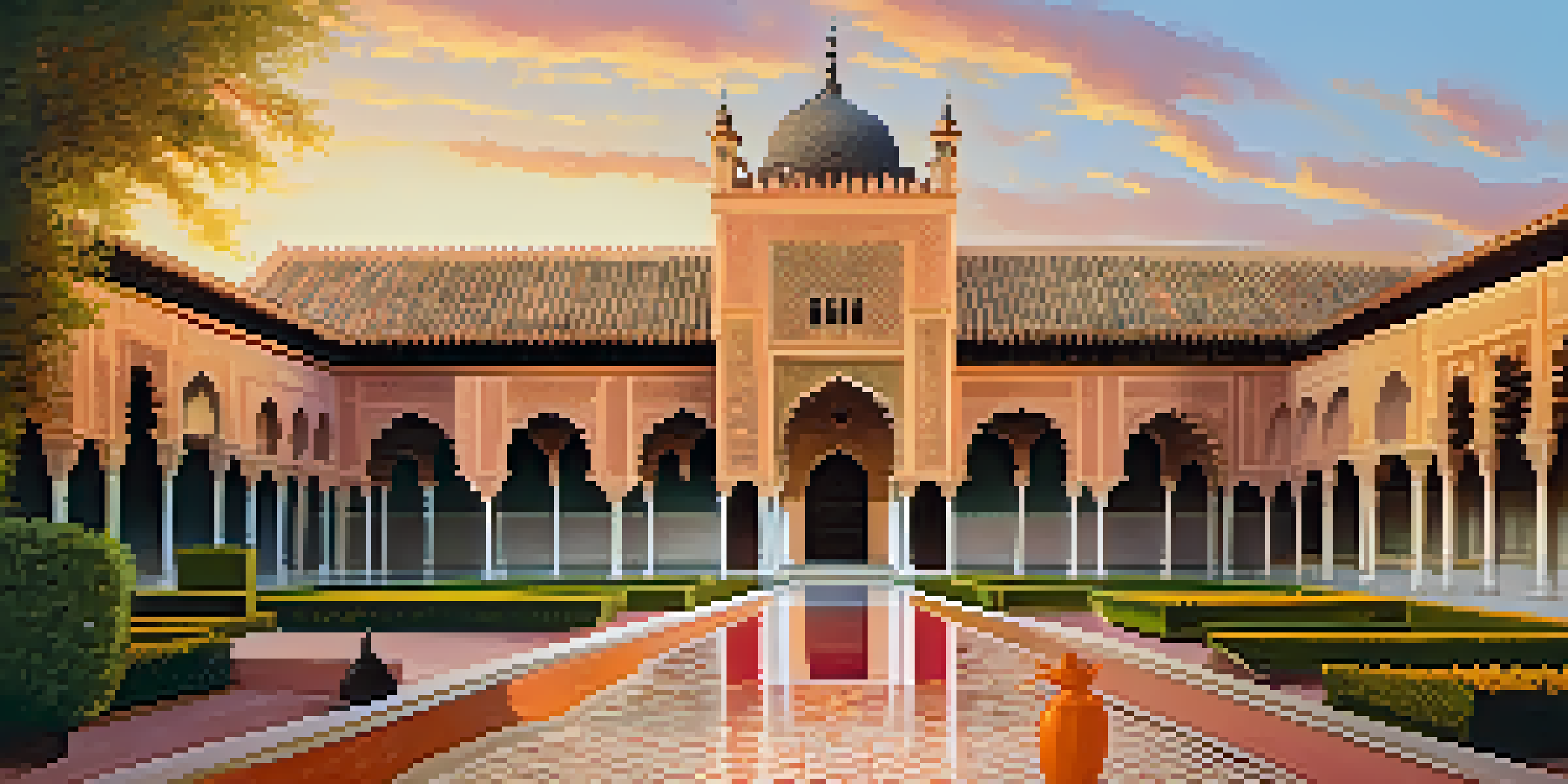 The Alcazar of Seville illuminated by a sunset, surrounded by lush gardens and fountains, showcasing its intricate architectural details.