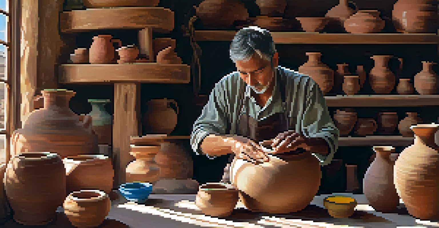 An artisan potter at work in the Alcaicería, surrounded by handcrafted ceramics, showcasing the textures of clay and the artisan's focused expression in warm lighting.