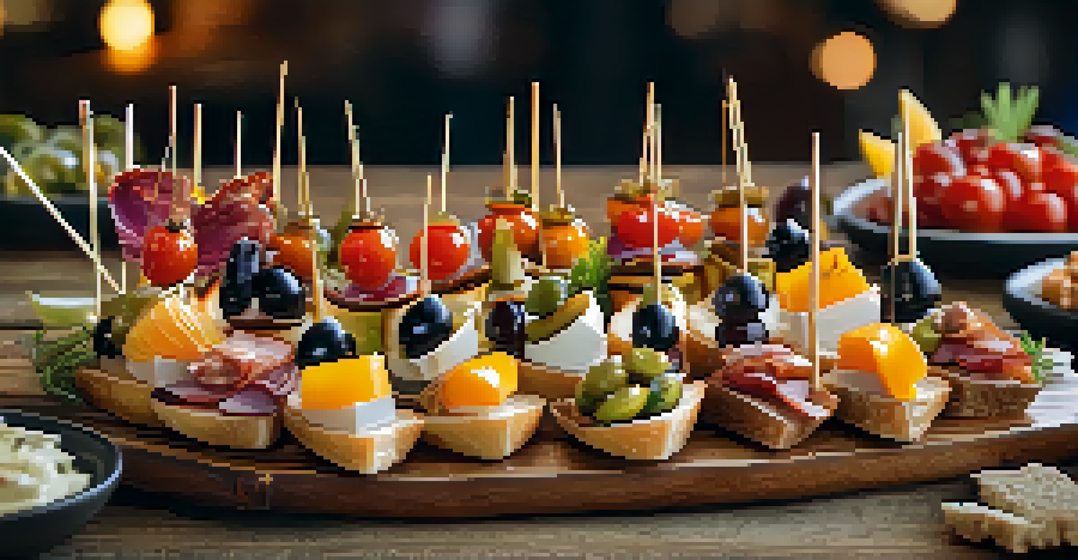 A close-up of a platter of pintxos featuring colorful skewered snacks on bread, displayed on a rustic wooden table.