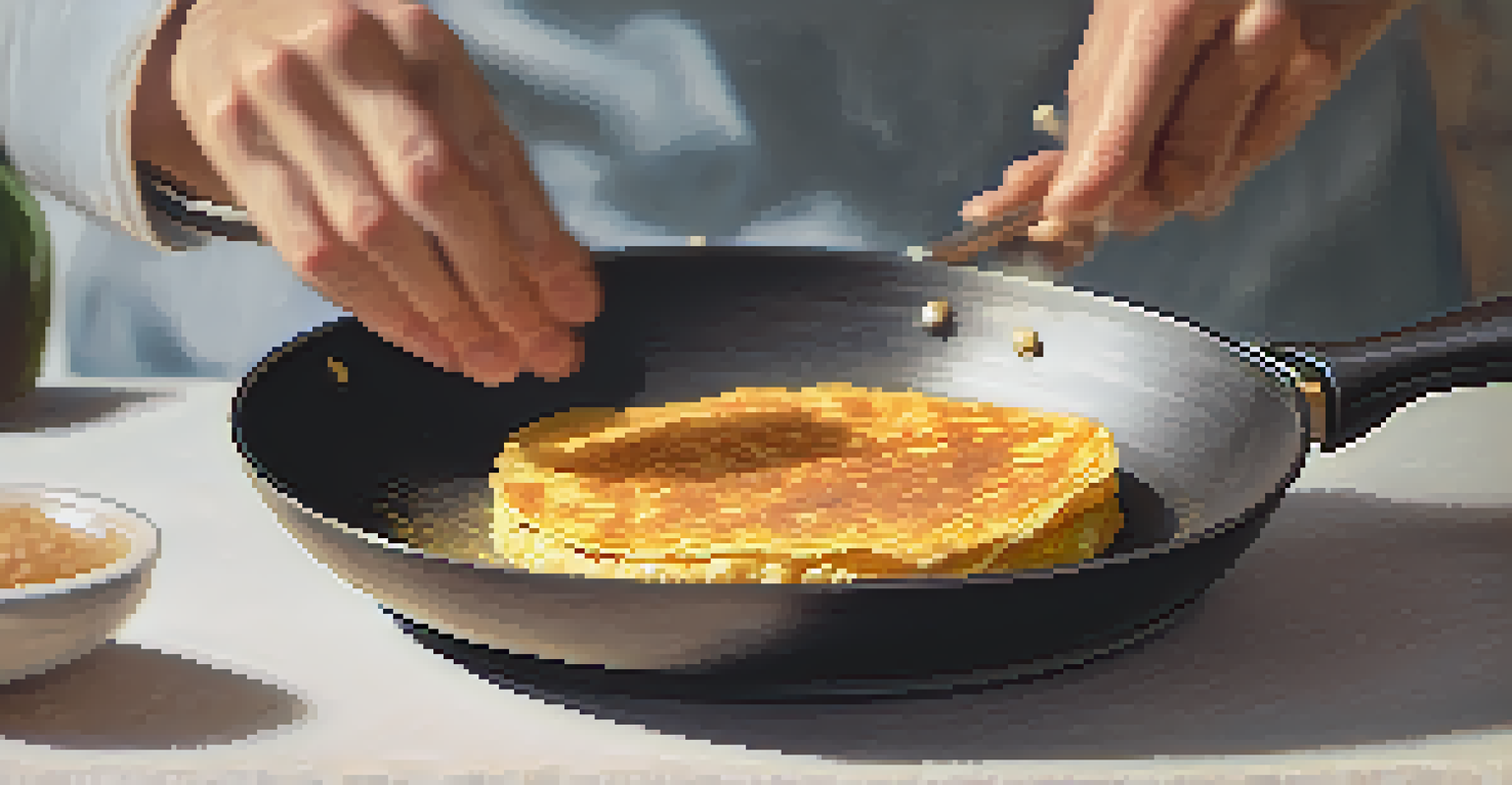 Hands flipping a golden brown Spanish tortilla in a frying pan, with a blurred kitchen background.