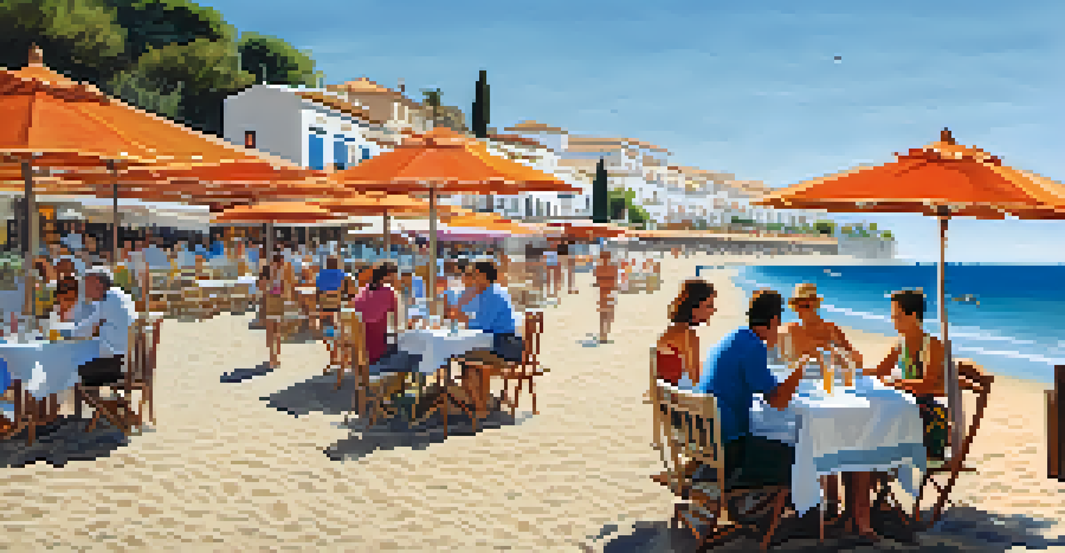 A beachside chiringuito in Andalusia with diners enjoying seafood, colorful umbrellas, and a lively beach atmosphere.