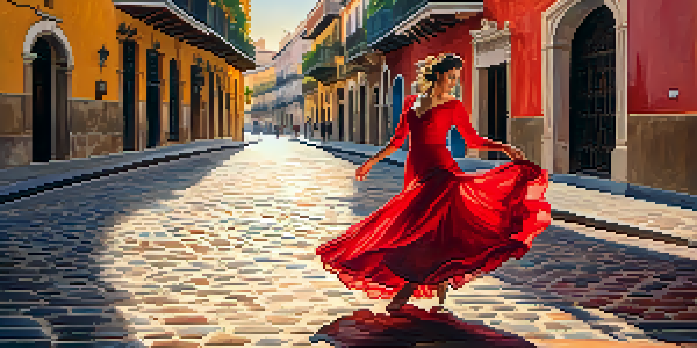 A Flamenco dancer in a red dress performing on a street in Seville, surrounded by Spanish architecture and flowers, with warm sunlight.