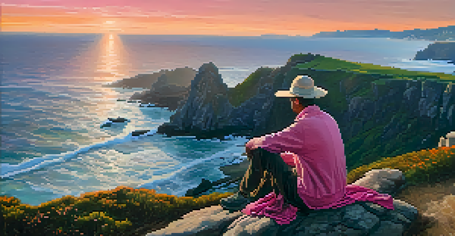 A lone pilgrim sits on a cliff edge overlooking the ocean at sunrise along the Camino del Norte, reflecting amidst breathtaking scenery.
