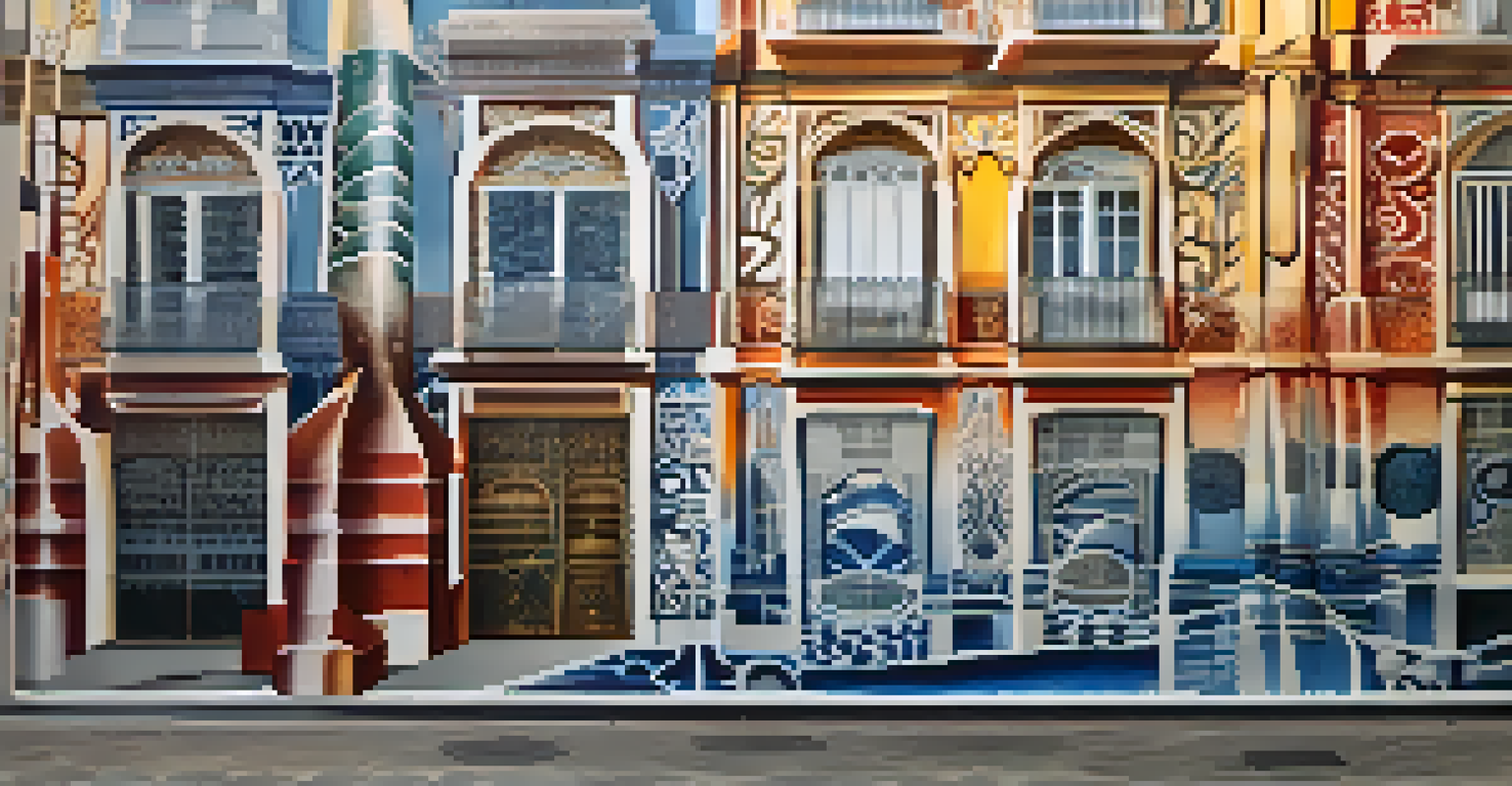 A close-up of a detailed stencil mural in Madrid, showcasing intricate patterns and a social message, illuminated by soft lighting.