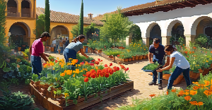 A group of diverse volunteers working together in a sunny community garden in Spain, surrounded by colorful flowers and traditional Spanish buildings.