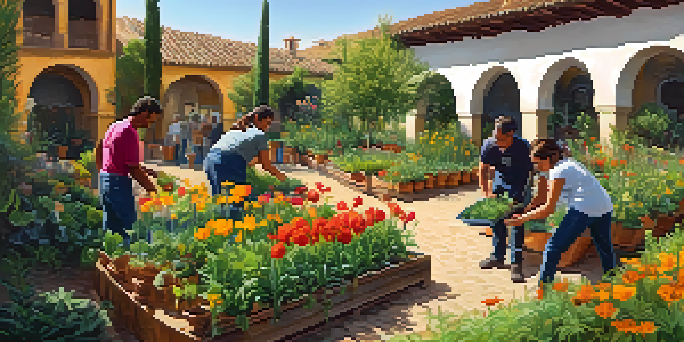 A group of diverse volunteers working together in a sunny community garden in Spain, surrounded by colorful flowers and traditional Spanish buildings.