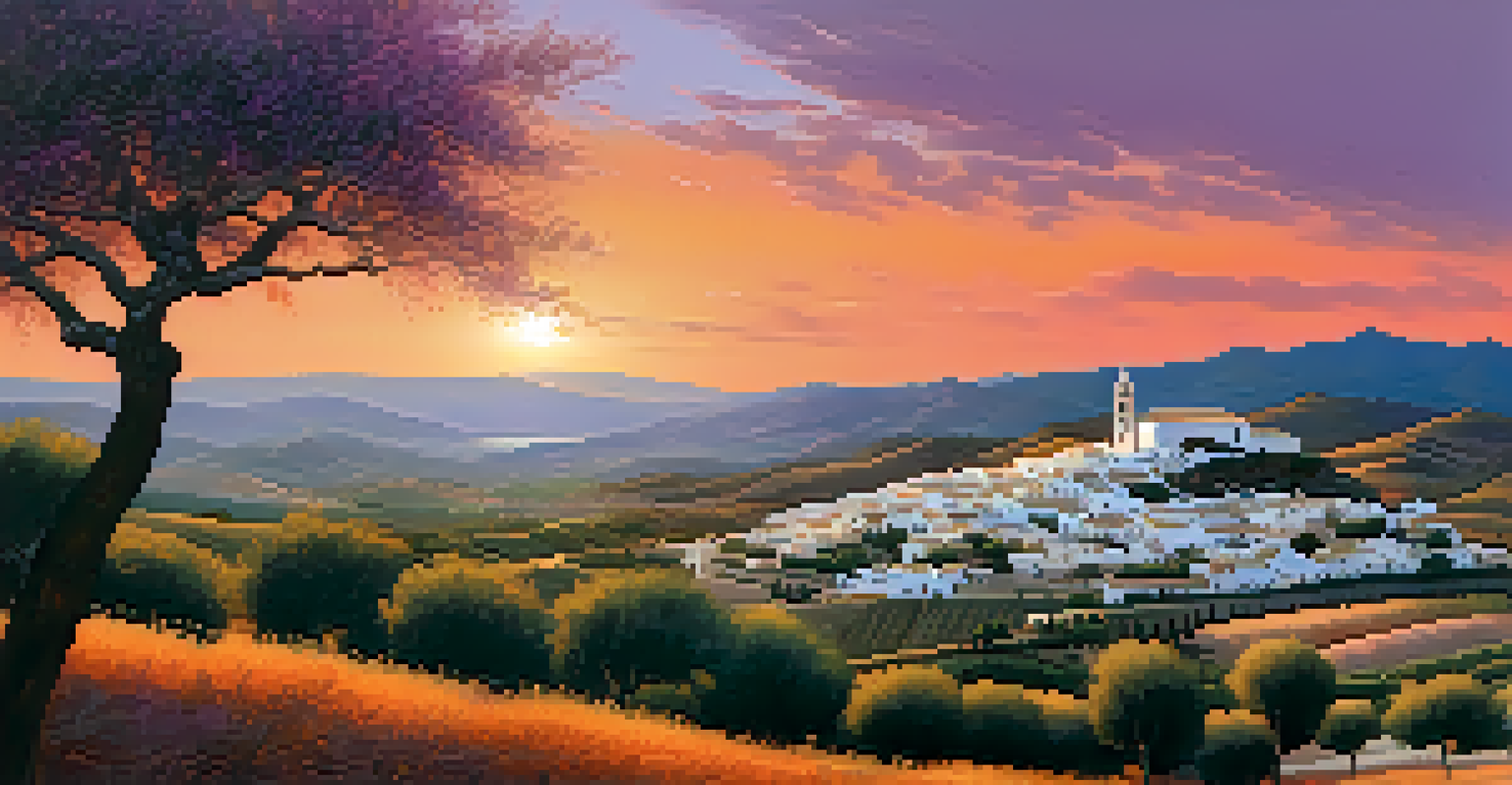 A picturesque view of the Andalusian countryside at sunset, with olive trees and a white village under a colorful sky.