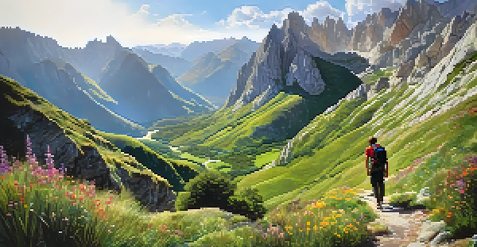 A scenic landscape of Picos de Europa National Park featuring a hiking trail, wildflowers, and rugged peaks under a dramatic sky.