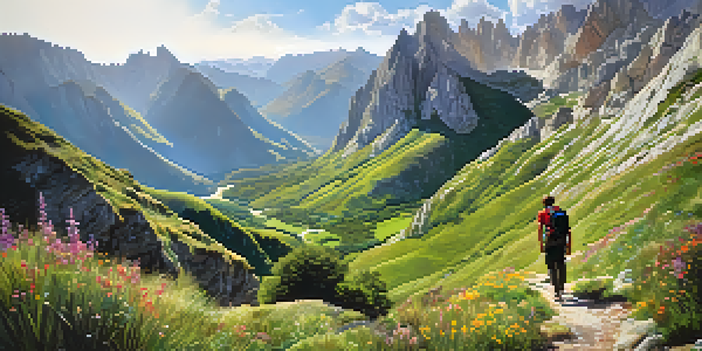 A scenic landscape of Picos de Europa National Park featuring a hiking trail, wildflowers, and rugged peaks under a dramatic sky.