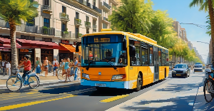 A lively street in Barcelona filled with pedestrians, bicycles, and electric buses, surrounded by colorful shops and palm trees under a sunny sky.