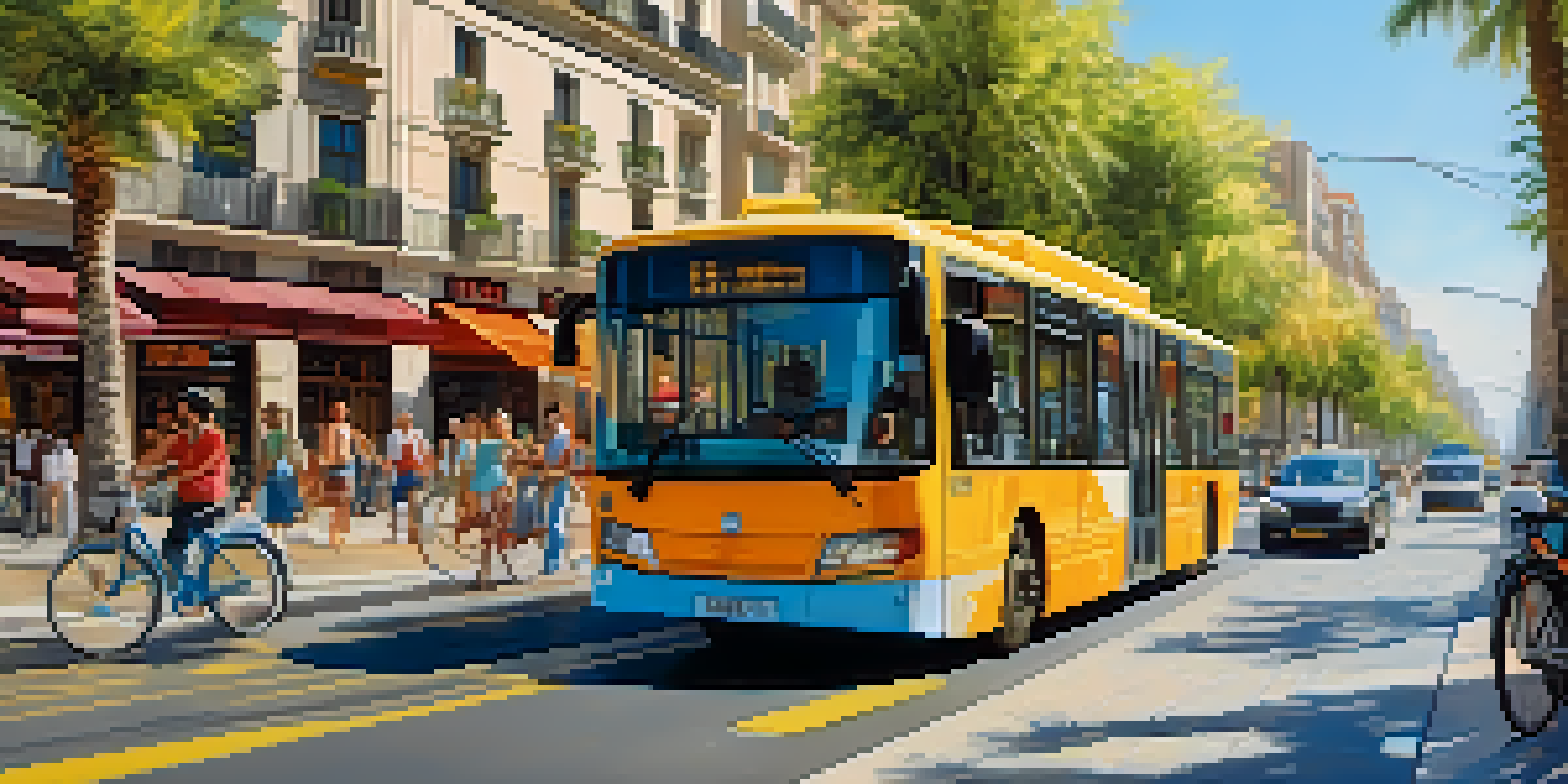 A lively street in Barcelona filled with pedestrians, bicycles, and electric buses, surrounded by colorful shops and palm trees under a sunny sky.