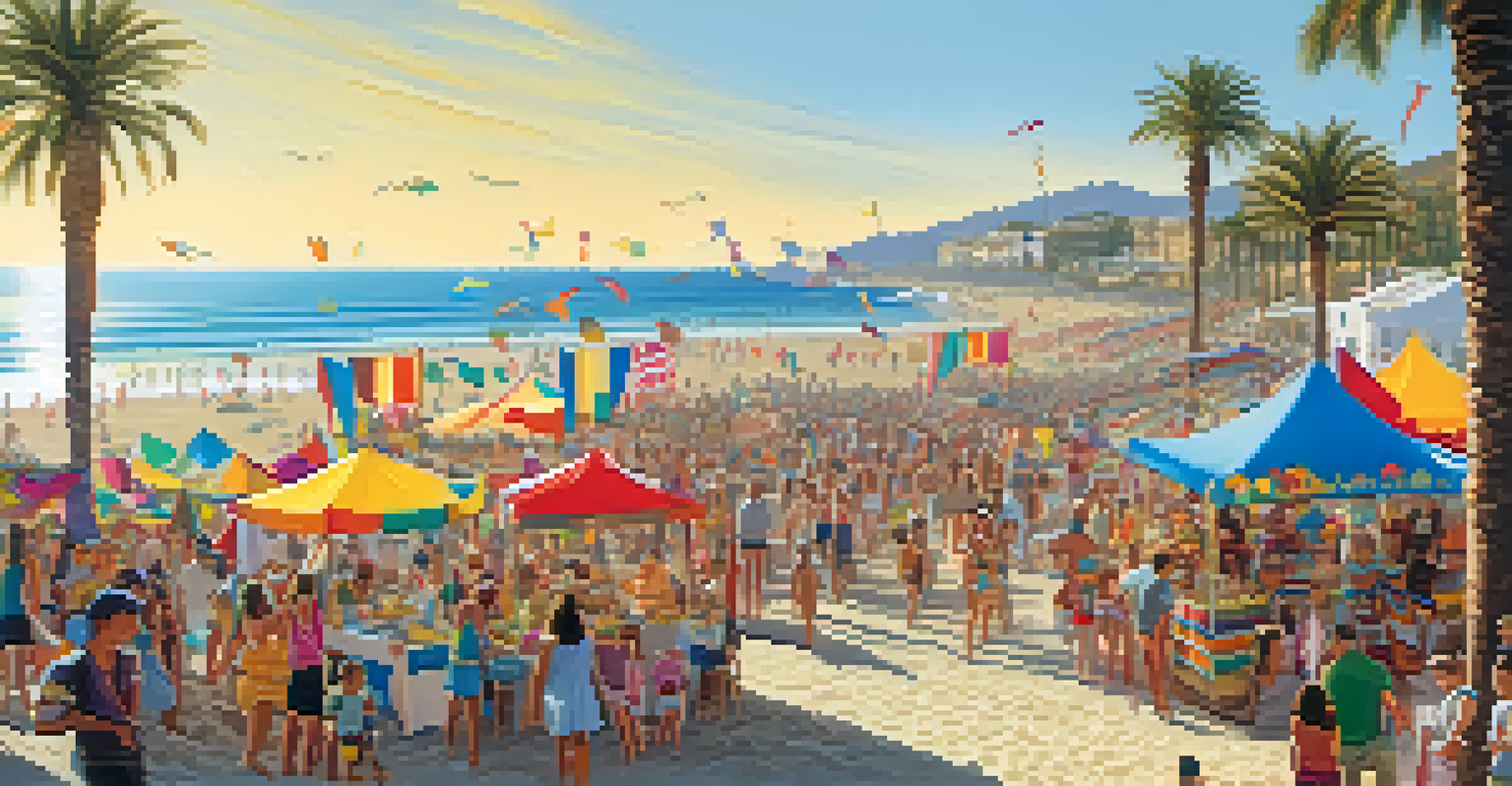 A lively beach festival on Costa del Sol with families enjoying music, food stalls, and children building sandcastles.