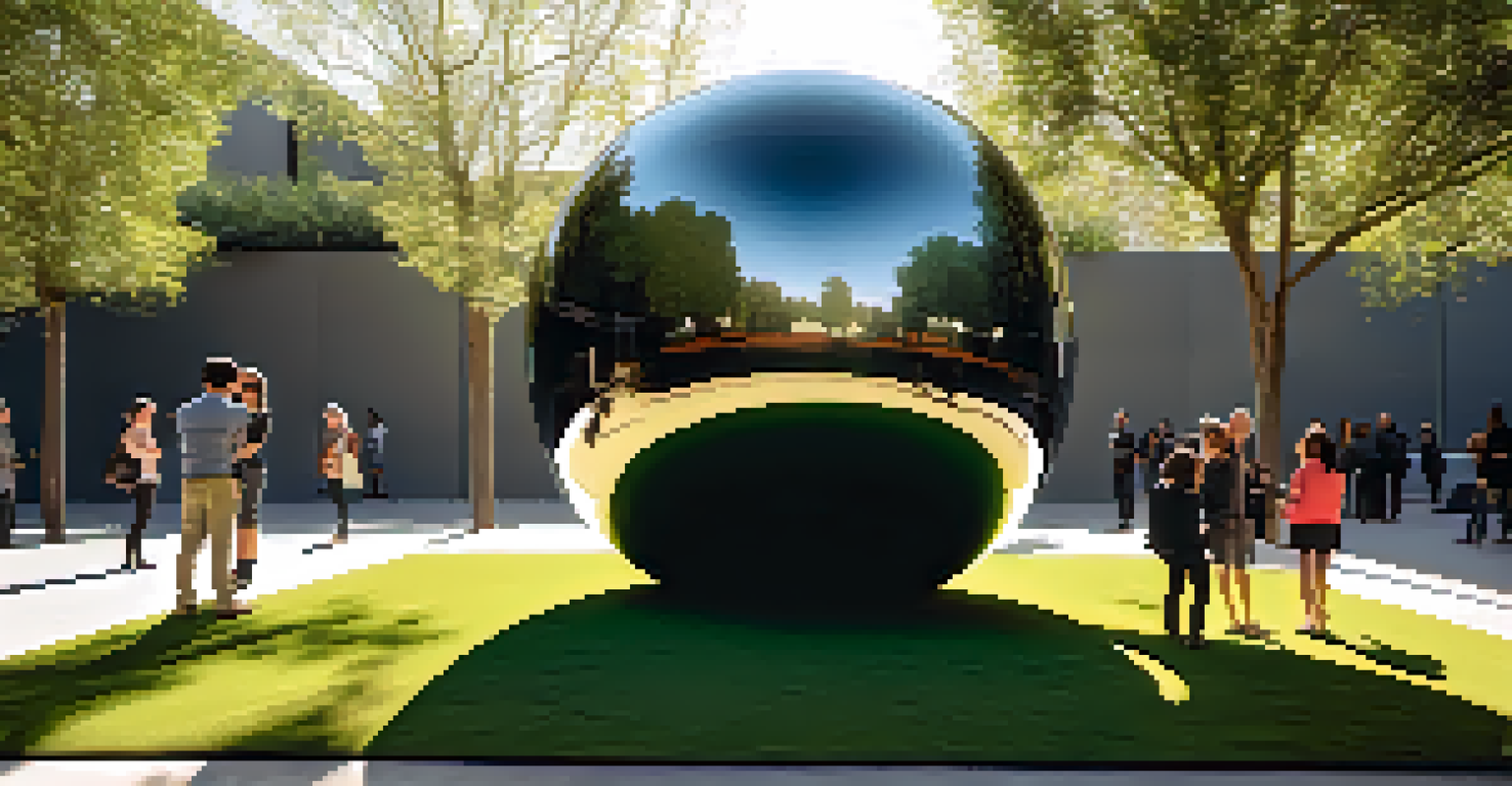 An outdoor art installation with a reflective sculpture surrounded by greenery and visitors interacting with it.