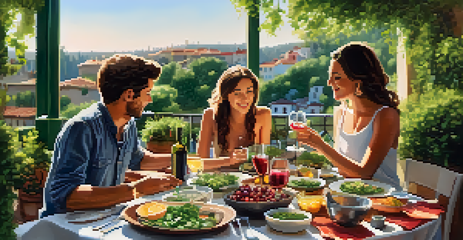 Friends sharing tapas on a sunlit terrace surrounded by greenery, with small plates and glasses of sangria on the table.