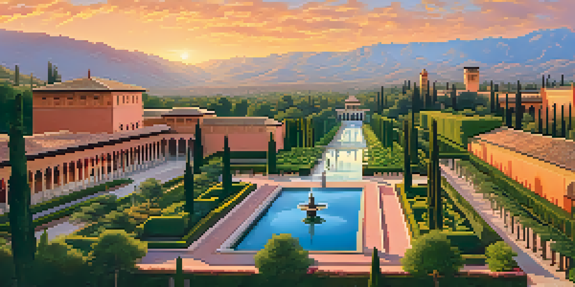 The Alhambra palace complex at sunset, with reddish walls and lush gardens, set against the Sierra Nevada mountains.