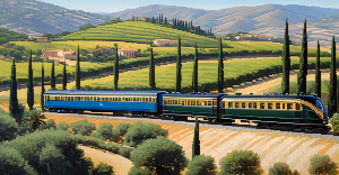 A vintage train on a scenic journey through the green hills and olive groves of Andalusia under a clear blue sky.