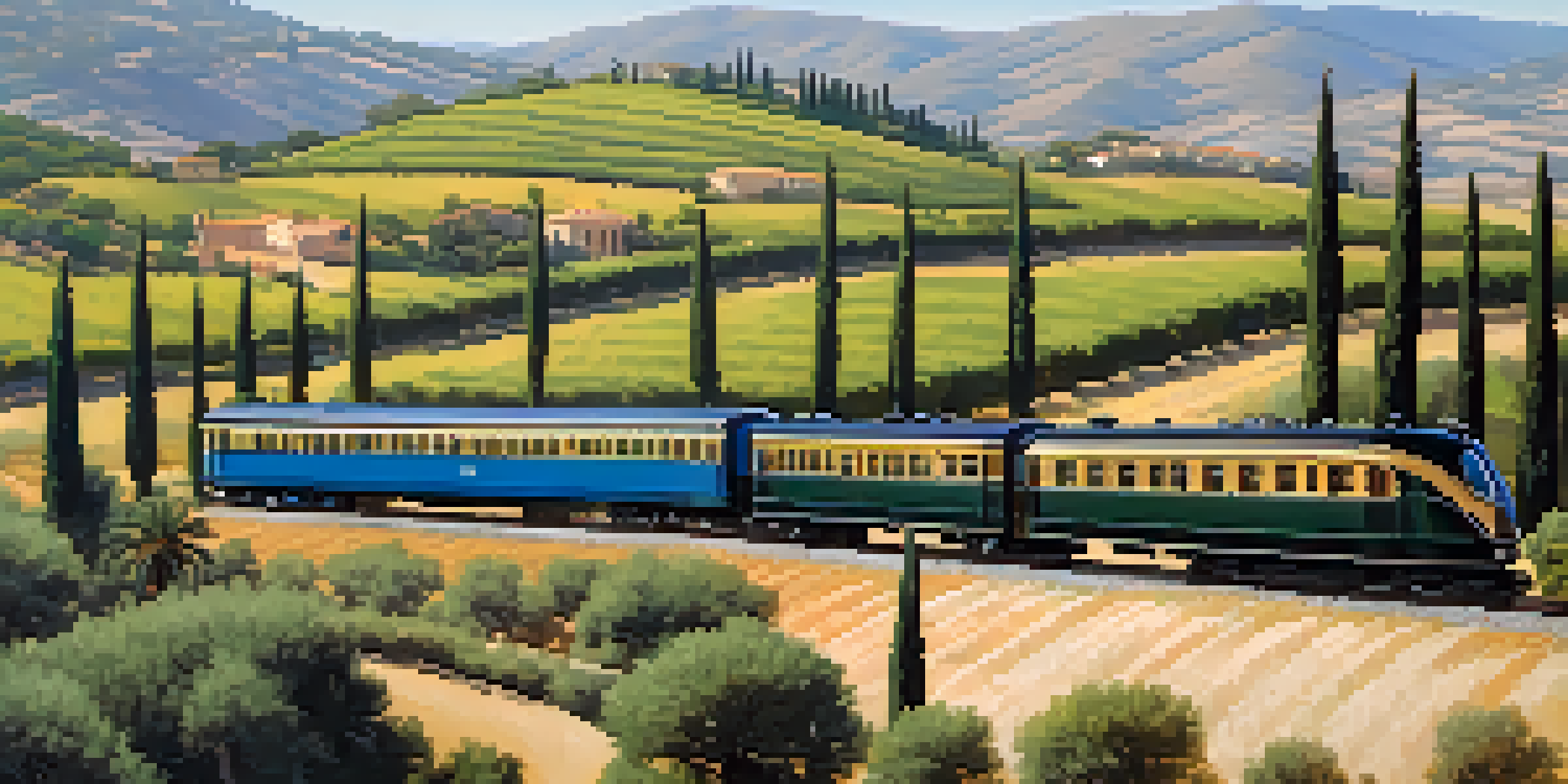 A vintage train on a scenic journey through the green hills and olive groves of Andalusia under a clear blue sky.