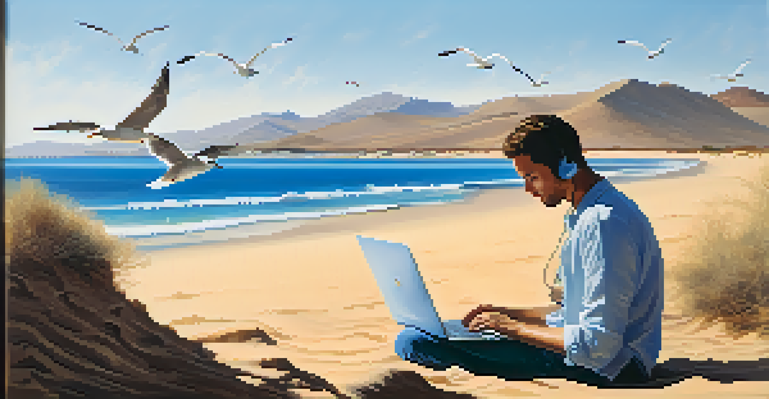 A writer on a tranquil beach in Fuerteventura, typing on a laptop with sand dunes and the ocean in the background.