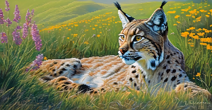 A picturesque spring landscape in Spain with a majestic Iberian lynx in the foreground, colorful wildflowers, and migratory birds in the sky.