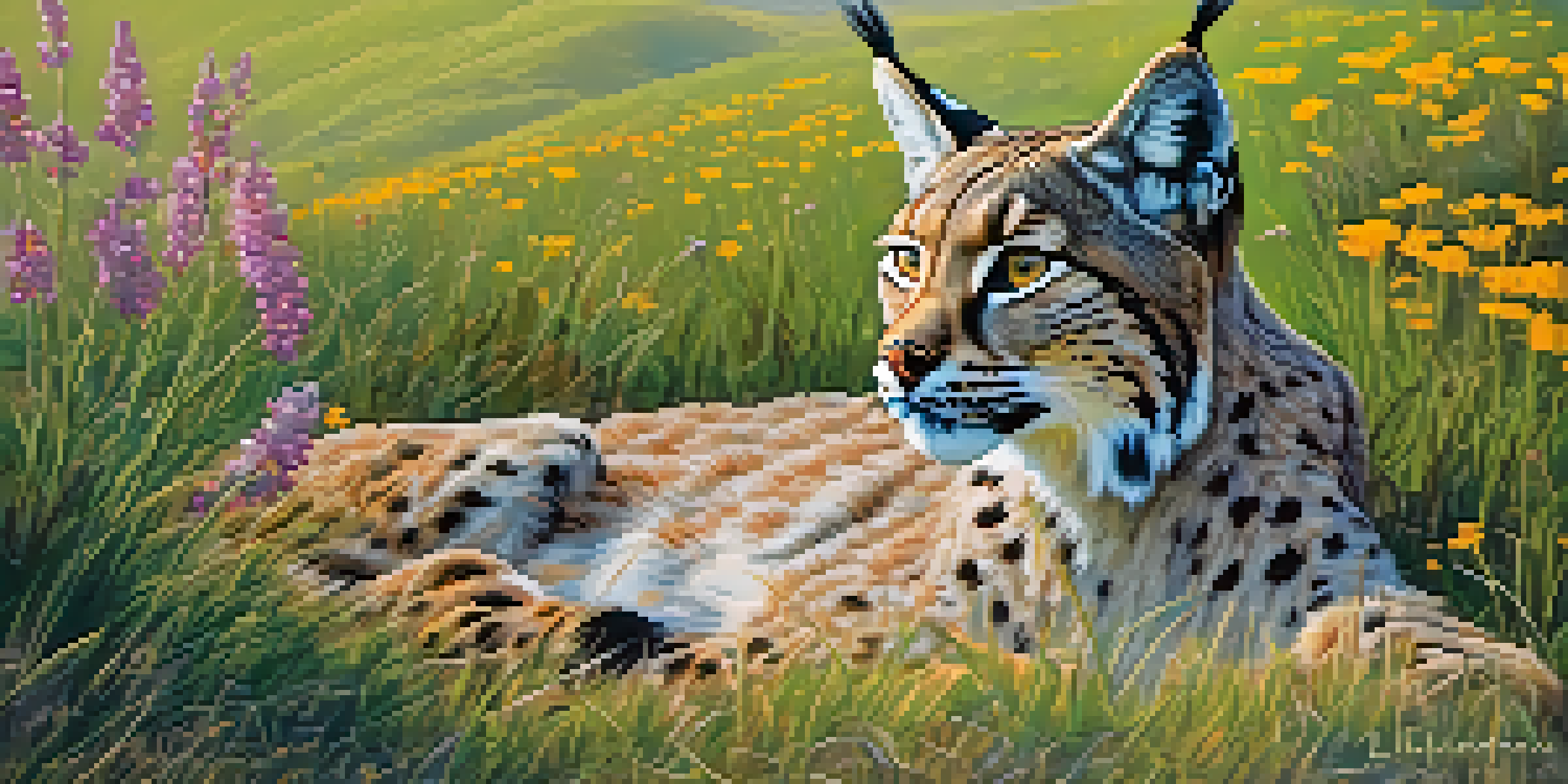 A picturesque spring landscape in Spain with a majestic Iberian lynx in the foreground, colorful wildflowers, and migratory birds in the sky.
