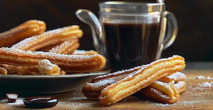 A close-up view of crispy churros with powdered sugar beside a bowl of chocolate sauce on a wooden table, warmly lit to enhance the textures.