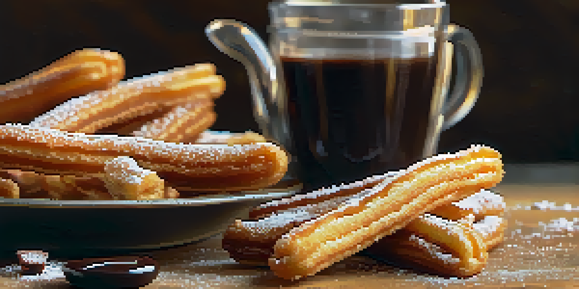 A close-up view of crispy churros with powdered sugar beside a bowl of chocolate sauce on a wooden table, warmly lit to enhance the textures.