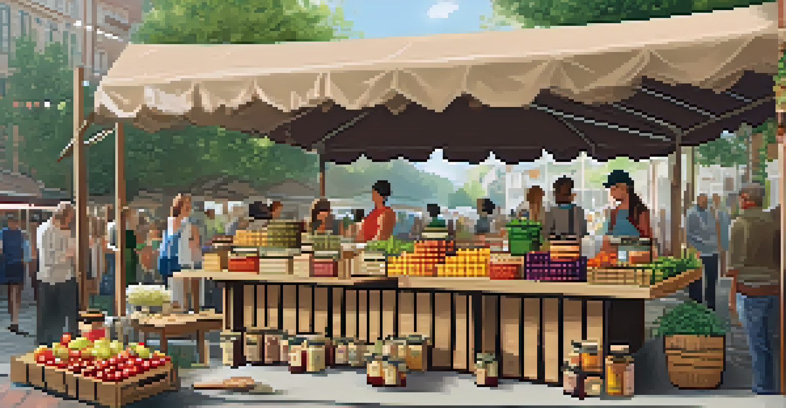 A colorful artisan food booth displaying organic jams, fresh herbs, and fruits, with customers sampling the products in a charming market environment.