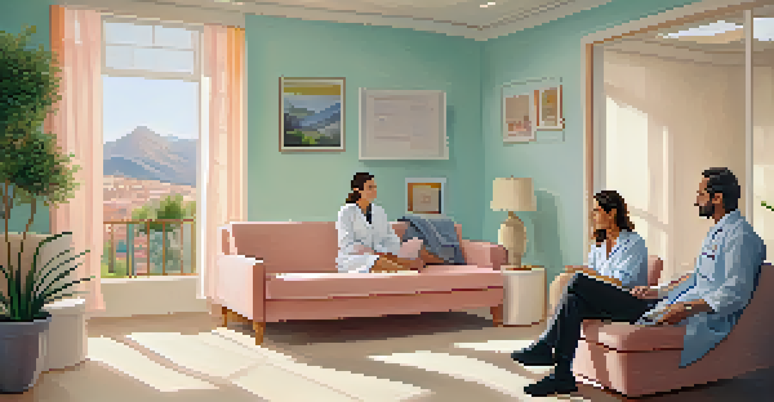 A doctor consulting with a couple in a warmly decorated clinic room, discussing fertility options.
