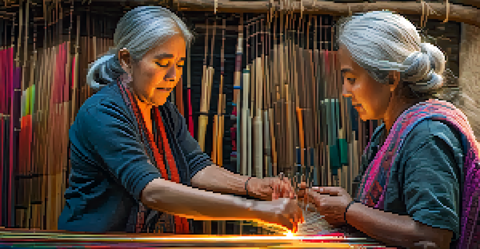 A local artisan teaching textile weaving to a young woman in a cozy workshop filled with colorful threads.