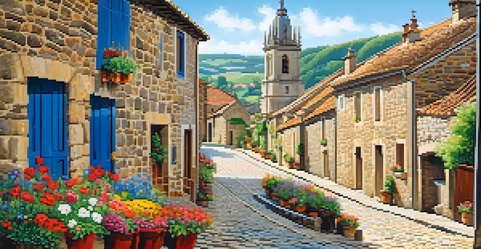 A vibrant village with stone houses and colorful flower boxes, bustling with pilgrims and locals, set against a bright blue sky.