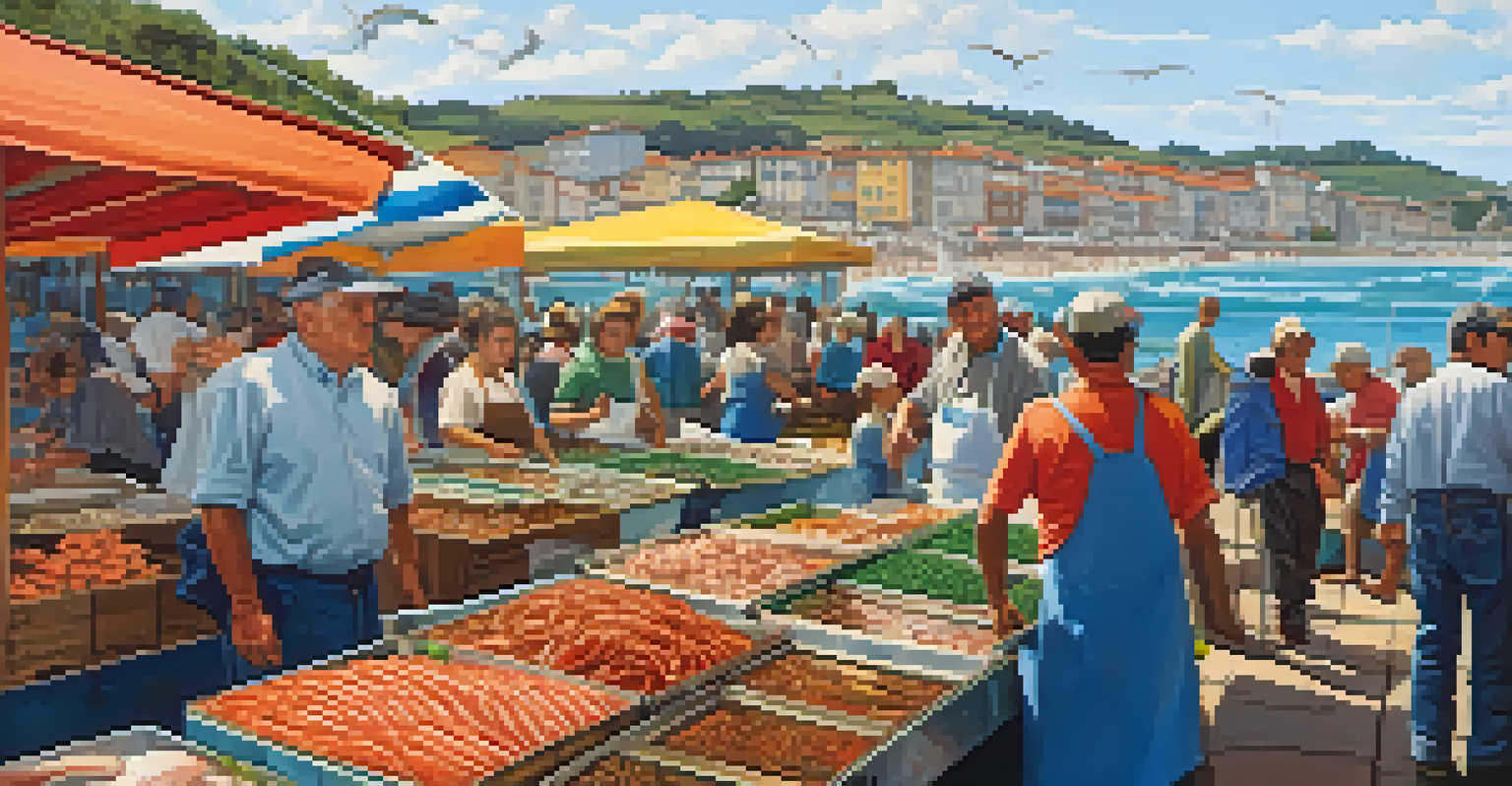 A busy seafood market on the Cantabrian Coast with fresh seafood stalls and local fishermen.