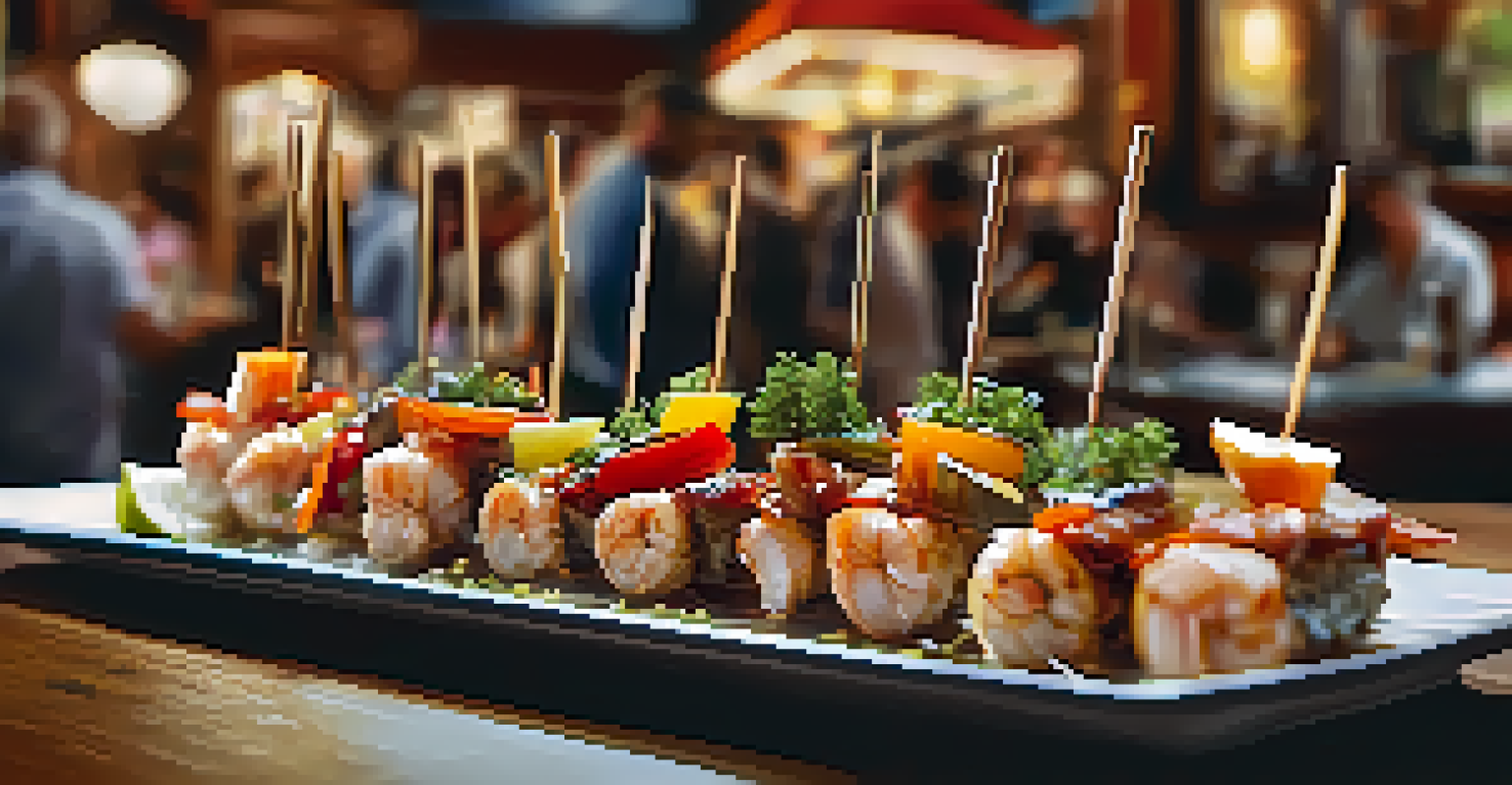 A hand holds a skewer of pintxos with seafood and vegetables, set against a lively tapas bar atmosphere with blurred patrons in the background.