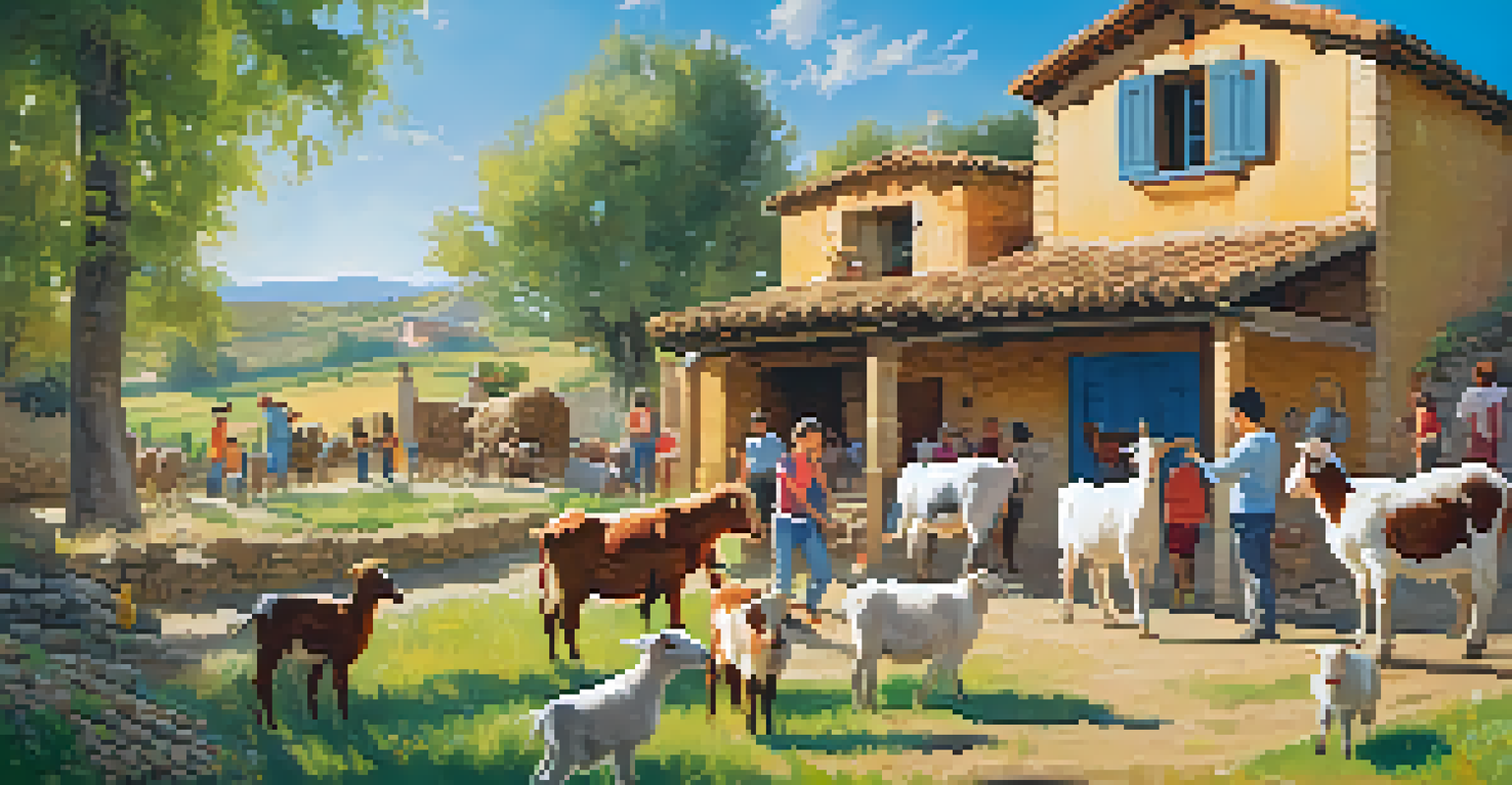 Children feeding farm animals in a sunny meadow in rural Spain, with colorful buildings and a clear sky.