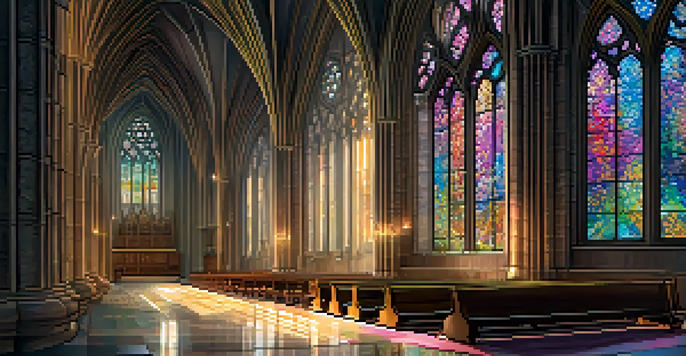 Interior view of a Gothic cathedral with stained glass windows and stone architecture, illuminated by colorful light.