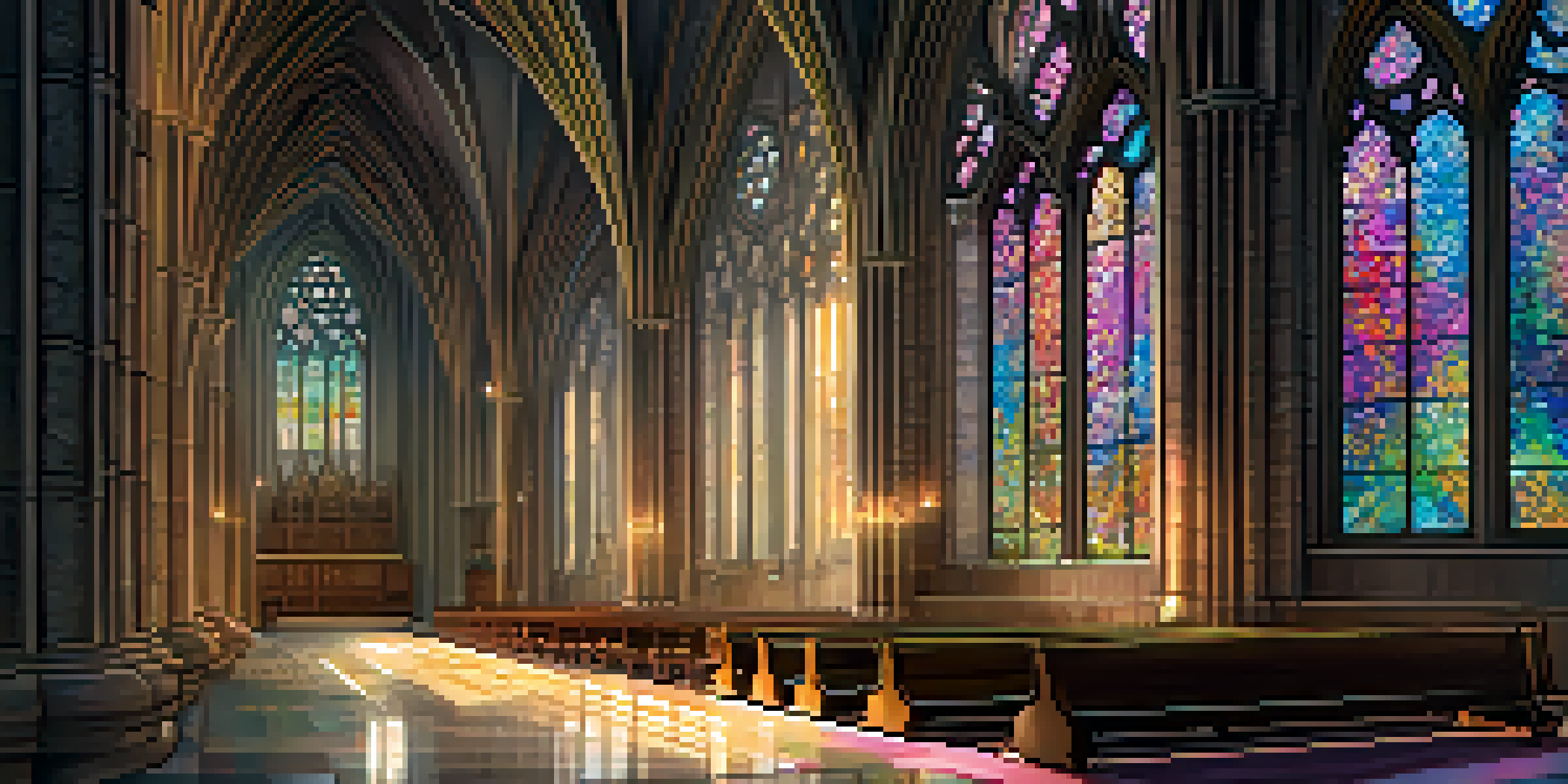 Interior view of a Gothic cathedral with stained glass windows and stone architecture, illuminated by colorful light.