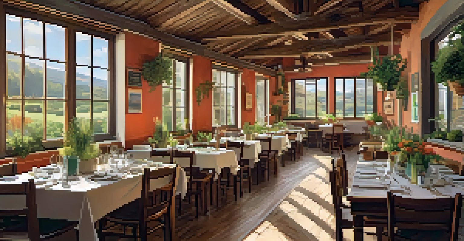 A rustic farm-to-table restaurant in Spain with fresh dishes made from local ingredients, filled with diners enjoying their meals.