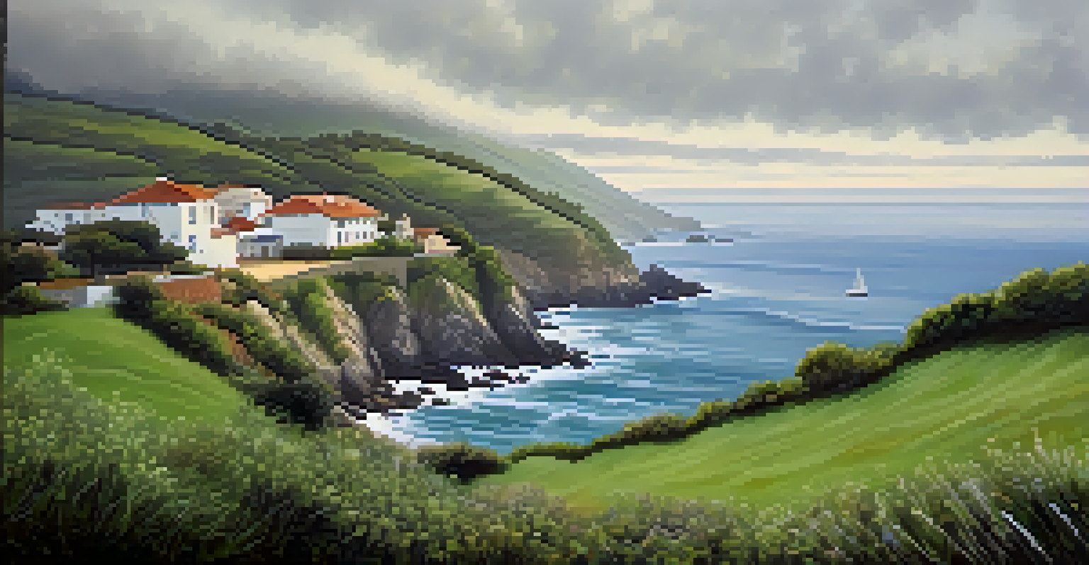 A tranquil view of the Basque Country coastline from a farmhouse with green hills and fog.