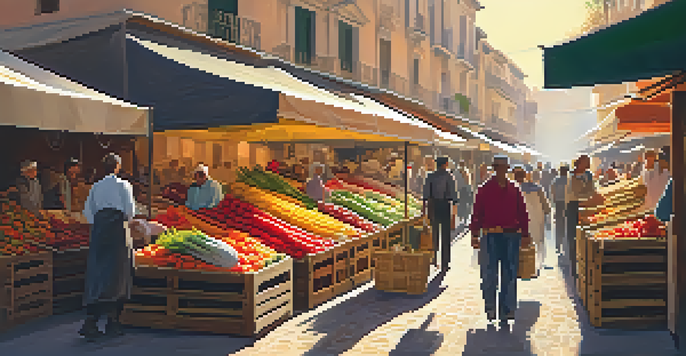 A lively Spanish market with colorful fresh produce and spices under warm sunlight.