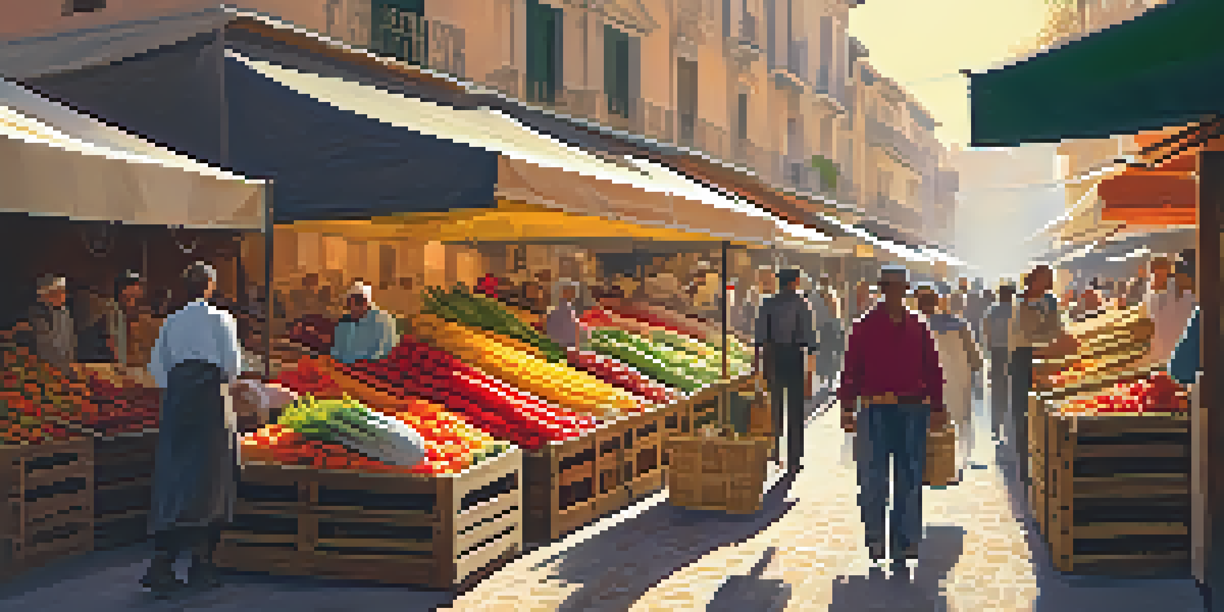A lively Spanish market with colorful fresh produce and spices under warm sunlight.