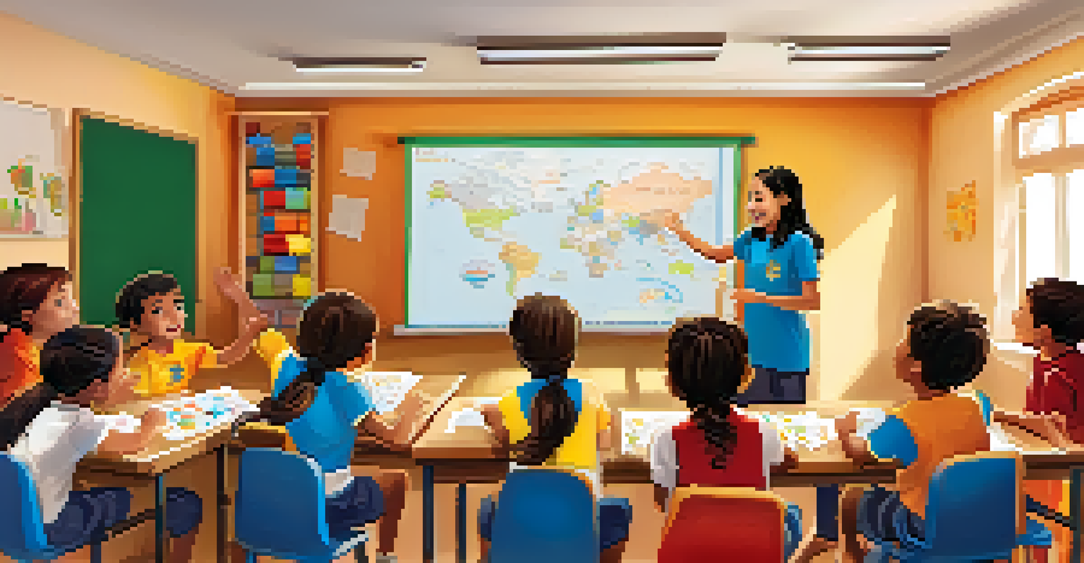 A volunteer teaching English to a group of happy children in a colorful classroom in Valencia, Spain, with educational materials around them.