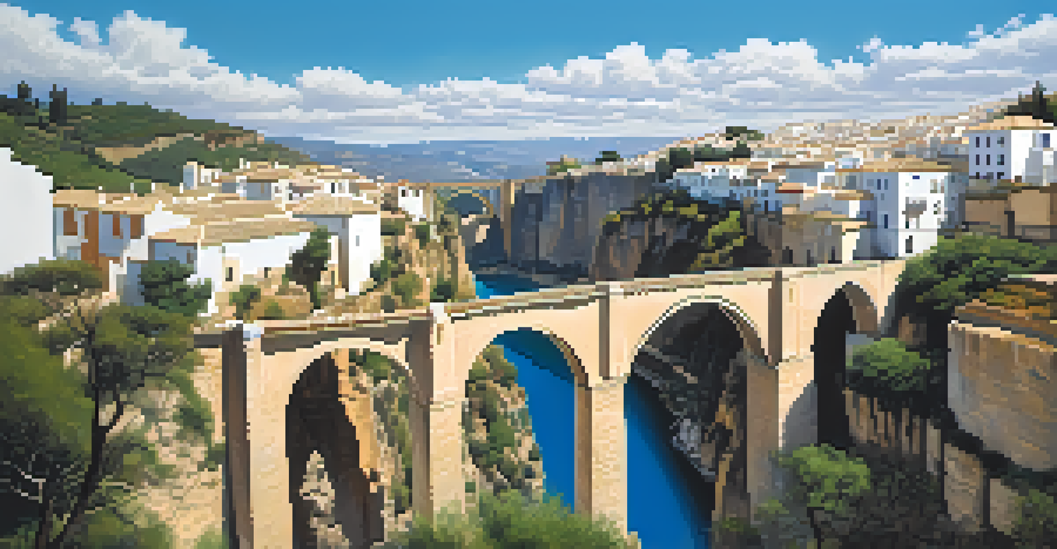 An aerial view of the cliffside village of Ronda, highlighting the Puente Nuevo bridge and surrounding landscape.