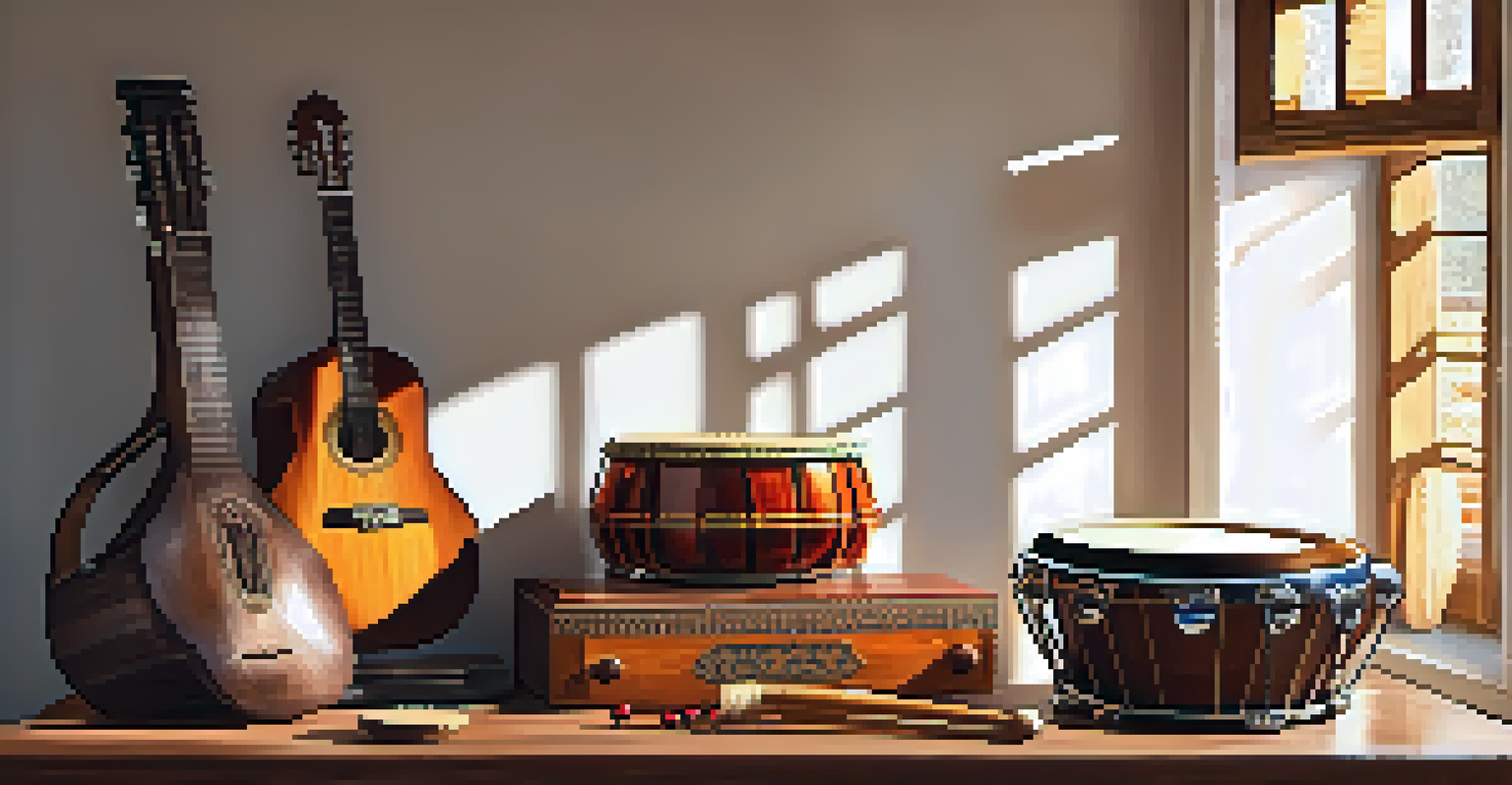 A collection of traditional Spanish instruments, including a guitar and castanets, beautifully arranged on a wooden table.